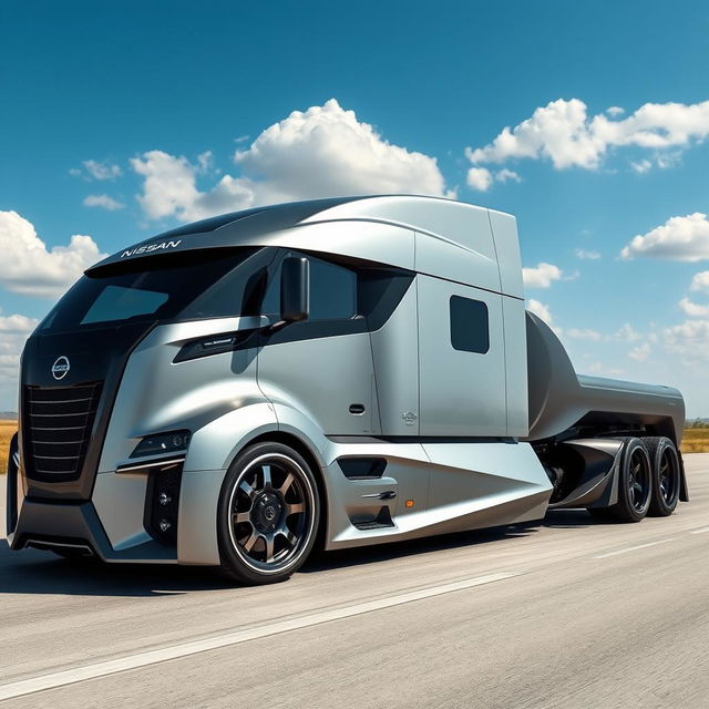 A futuristic custom cutting-edge semi-truck featuring eye-catching Nissan rims and wheels