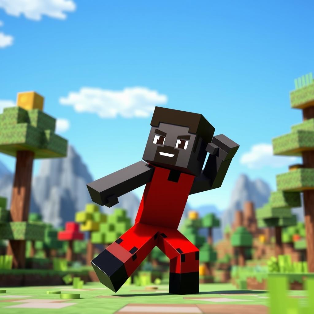 A stylized Minecraft character represented as a black man wearing vibrant red clothes