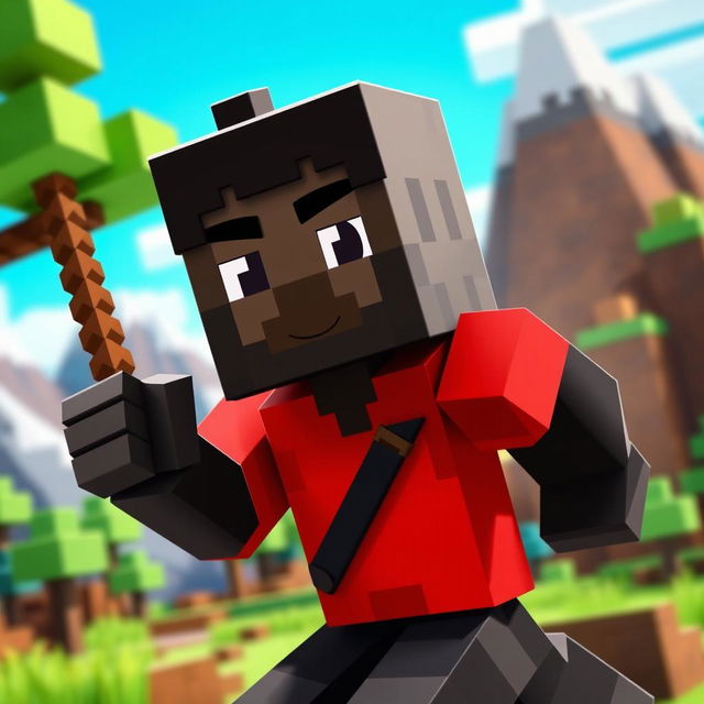 A stylized Minecraft character represented as a black man wearing vibrant red clothes