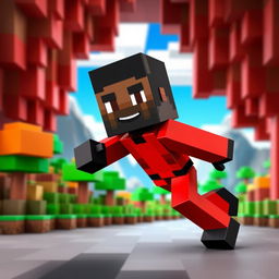 A stylized Minecraft character represented as a black man wearing vibrant red clothes
