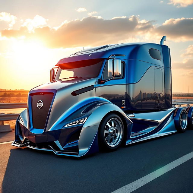 A stunning custom cutting-edge semi-truck featuring striking Nissan rims and wheels