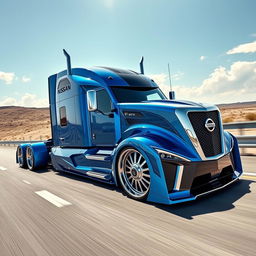 A stunning custom cutting-edge semi-truck featuring striking Nissan rims and wheels
