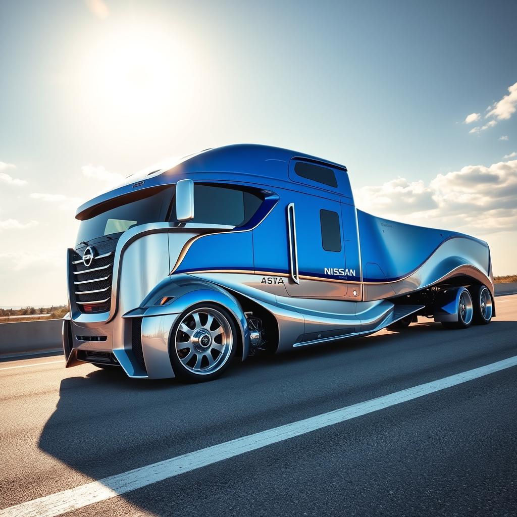 A stunning custom cutting-edge semi-truck featuring striking Nissan rims and wheels