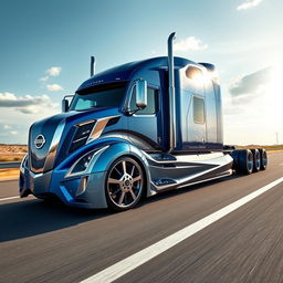 A stunning custom cutting-edge semi-truck featuring striking Nissan rims and wheels