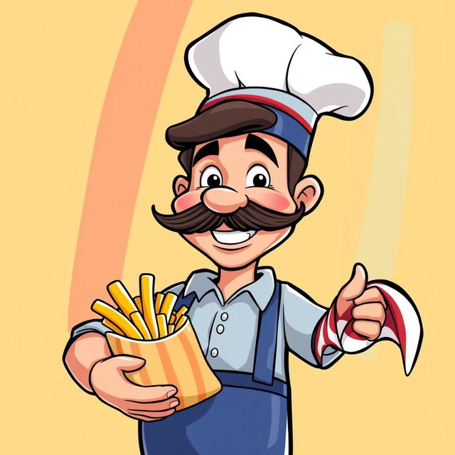 A cartoon-style banner featuring a cheerful man with a thick mustache, wearing a tall chef's hat