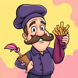 A cartoon-style banner featuring a cheerful man with a thick mustache, wearing a tall chef's hat