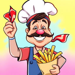 A cartoon-style banner featuring a cheerful man with a thick mustache, wearing a tall chef's hat