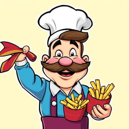 A cartoon-style banner featuring a cheerful man with a thick mustache, wearing a tall chef's hat