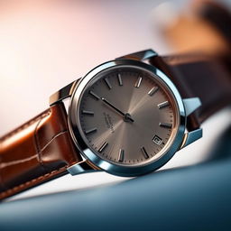 A close-up image of an elegant wristwatch displaying intricate details such as a stylish leather strap, a classic round face, and shiny silver hour markers