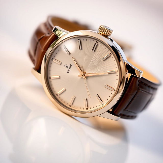 A close-up image of an elegant wristwatch displaying intricate details such as a stylish leather strap, a classic round face, and shiny silver hour markers