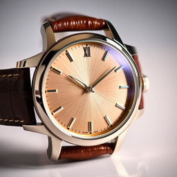 A close-up image of an elegant wristwatch displaying intricate details such as a stylish leather strap, a classic round face, and shiny silver hour markers