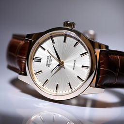 A close-up image of an elegant wristwatch displaying intricate details such as a stylish leather strap, a classic round face, and shiny silver hour markers