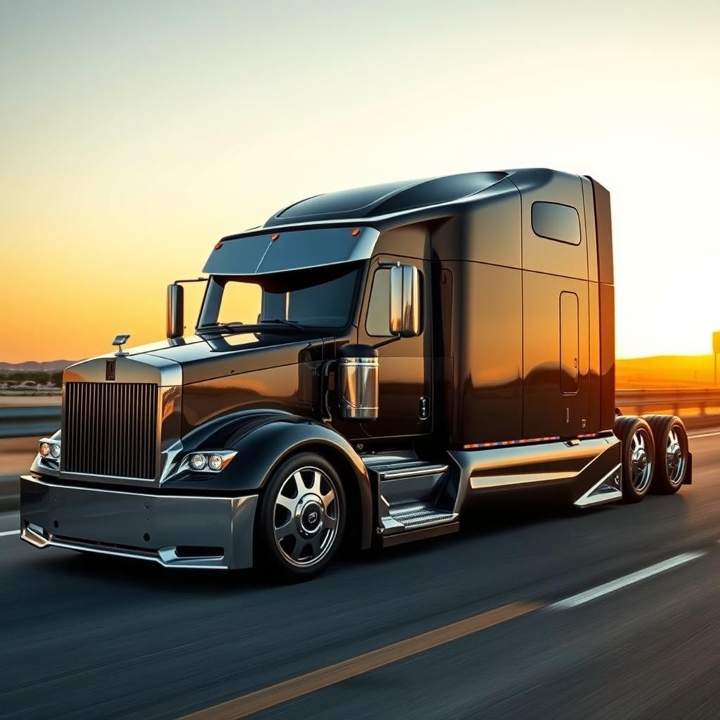 An exquisite custom cutting-edge semi-truck featuring luxurious Rolls Royce rims and wheels