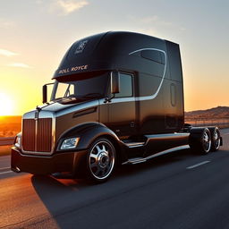 An exquisite custom cutting-edge semi-truck featuring luxurious Rolls Royce rims and wheels