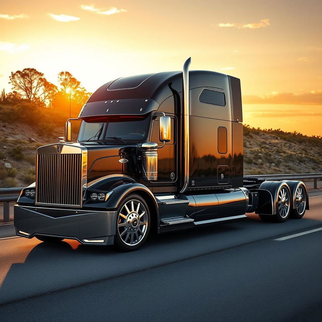 An exquisite custom cutting-edge semi-truck featuring luxurious Rolls Royce rims and wheels