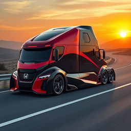 A striking custom cutting-edge semi-truck featuring dynamic Honda rims and wheels