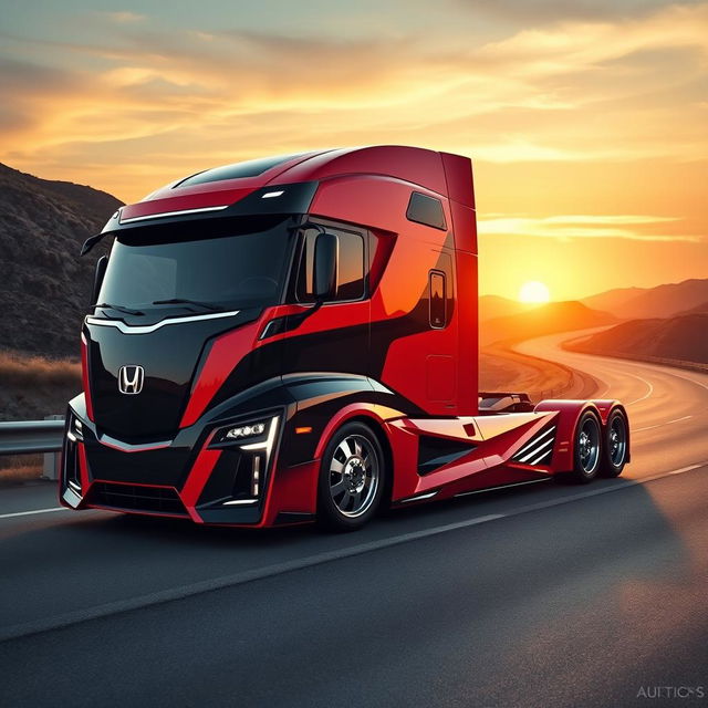 A striking custom cutting-edge semi-truck featuring dynamic Honda rims and wheels