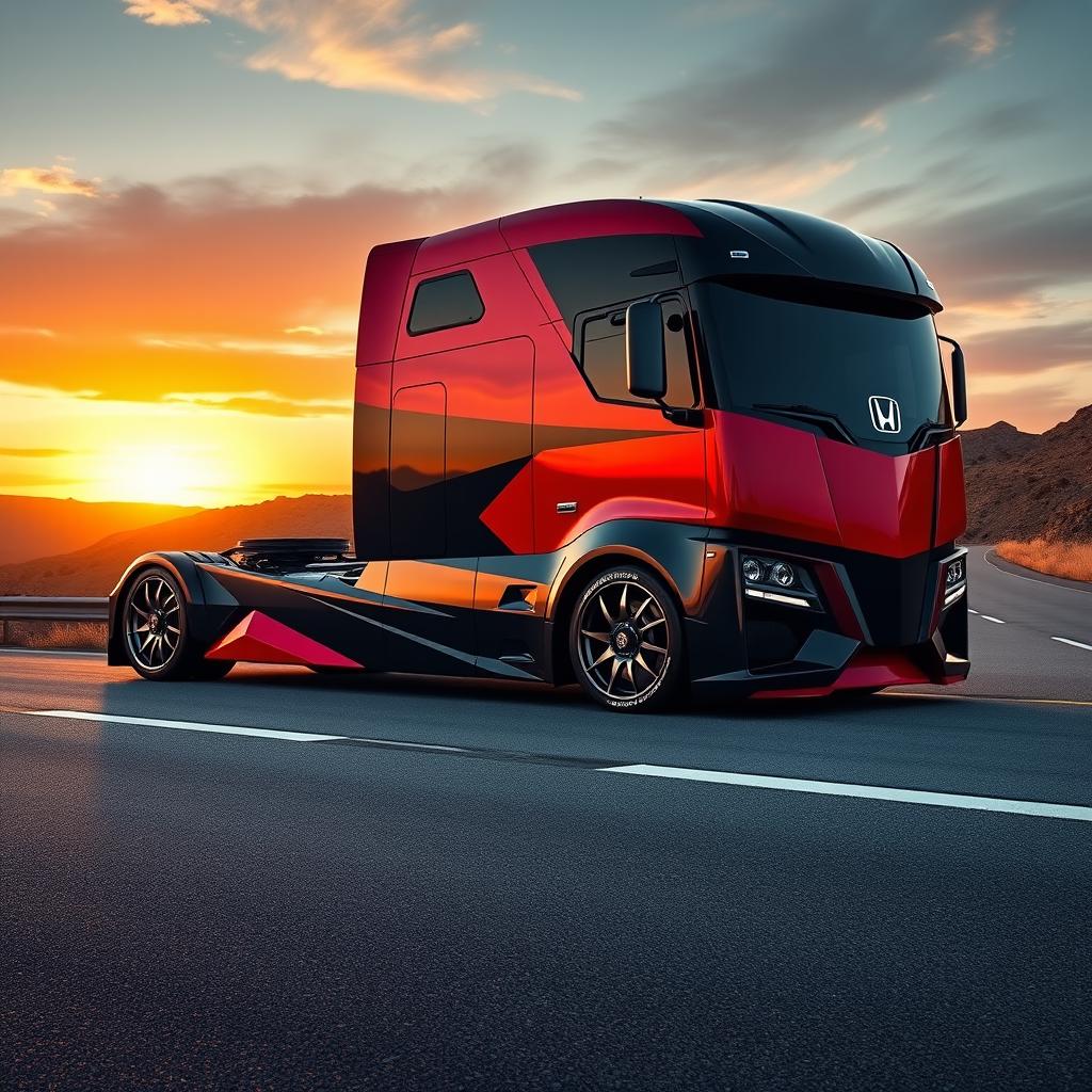 A striking custom cutting-edge semi-truck featuring dynamic Honda rims and wheels