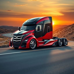 A striking custom cutting-edge semi-truck featuring dynamic Honda rims and wheels