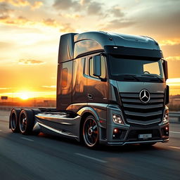 An impressive custom cutting-edge semi-truck with elegant Mercedes rims and wheels