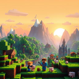 A vibrant and dynamic Minecraft scene showcasing a blocky landscape filled with lush greenery, towering mountains, and a variety of blocky structures like houses and castles
