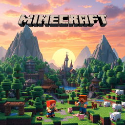 A vibrant and dynamic Minecraft scene showcasing a blocky landscape filled with lush greenery, towering mountains, and a variety of blocky structures like houses and castles