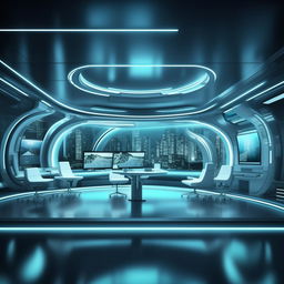 A futuristic TV anchor's office, drawing design elements from the architecture shown in the provided link.