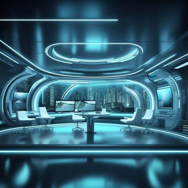 A futuristic TV anchor's office, drawing design elements from the architecture shown in the provided link.