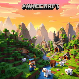 A vibrant and dynamic Minecraft scene showcasing a blocky landscape filled with lush greenery, towering mountains, and a variety of blocky structures like houses and castles
