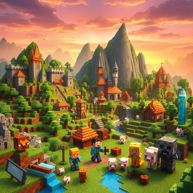 A vibrant and dynamic Minecraft scene showcasing a blocky landscape filled with lush greenery, towering mountains, and a variety of blocky structures like houses and castles