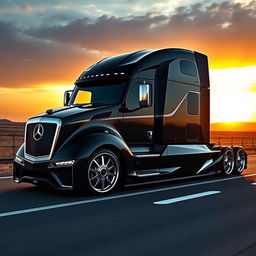 A stunning custom cutting-edge semi-truck featuring distinctive Mercedes rims and wheels