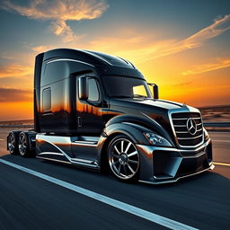 A stunning custom cutting-edge semi-truck featuring distinctive Mercedes rims and wheels