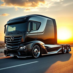 A stunning custom cutting-edge semi-truck featuring distinctive Mercedes rims and wheels