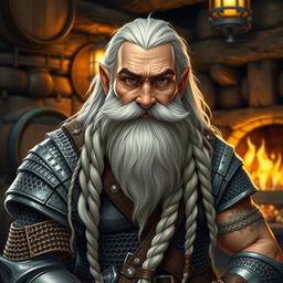 A good looking muscular Bard dwarf with long white hair cascading down his back and a long, intricately braided beard