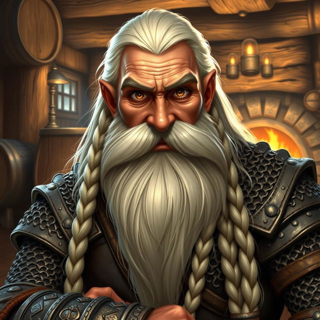 A good looking muscular Bard dwarf with long white hair cascading down his back and a long, intricately braided beard