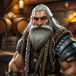 A good looking muscular Bard dwarf with long white hair cascading down his back and a long, intricately braided beard