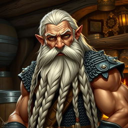 A good looking muscular Bard dwarf with long white hair cascading down his back and a long, intricately braided beard