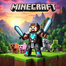 A vibrant and dynamic Minecraft-themed video cover featuring a blocky landscape with iconic elements like forests, mountains, and a colorful sunset sky