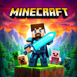 A vibrant and dynamic Minecraft-themed video cover featuring a blocky landscape with iconic elements like forests, mountains, and a colorful sunset sky