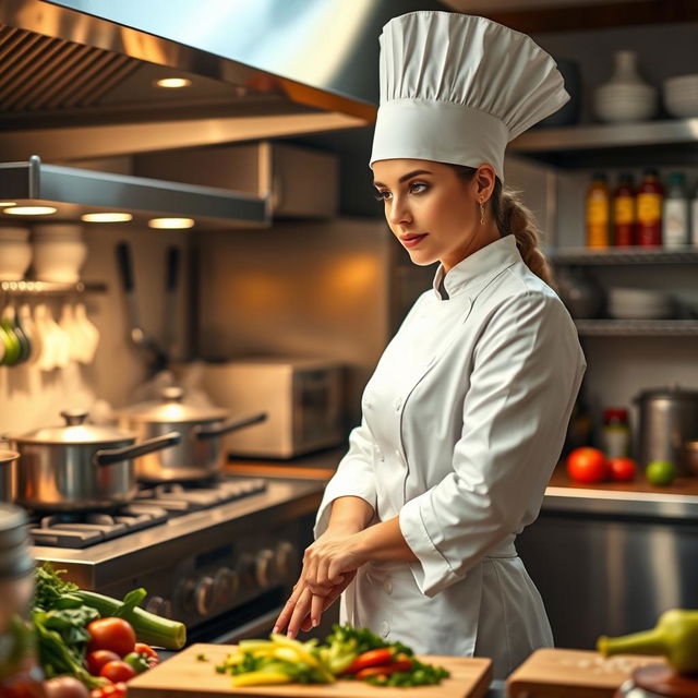 A skilled female chef in a bustling kitchen, wearing a classic white chef's coat and a tall chef hat, focused on preparing a gourmet meal