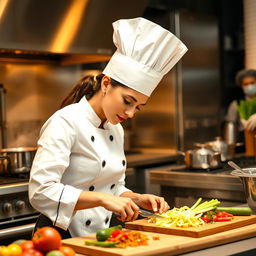 A skilled female chef in a bustling kitchen, wearing a classic white chef's coat and a tall chef hat, focused on preparing a gourmet meal