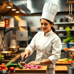 A skilled female chef in a bustling kitchen, wearing a classic white chef's coat and a tall chef hat, focused on preparing a gourmet meal