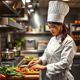 A skilled female chef in a bustling kitchen, wearing a classic white chef's coat and a tall chef hat, focused on preparing a gourmet meal