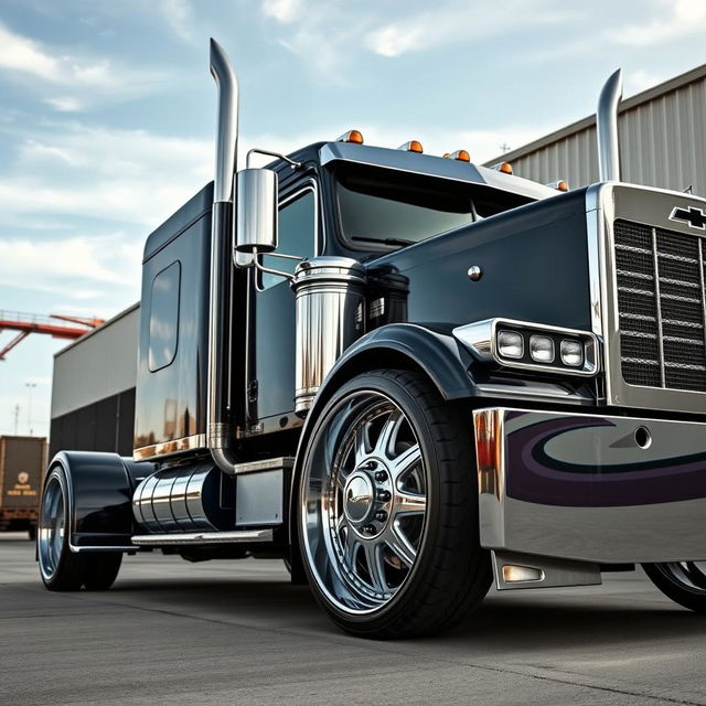 A detailed and dynamic image showcasing custom cutting-edge rims and wheels designed specifically for Chevrolet semi-trucks