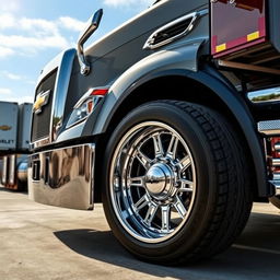 A detailed and dynamic image showcasing custom cutting-edge rims and wheels designed specifically for Chevrolet semi-trucks