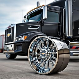 A detailed and dynamic image showcasing custom cutting-edge rims and wheels designed specifically for Chevrolet semi-trucks