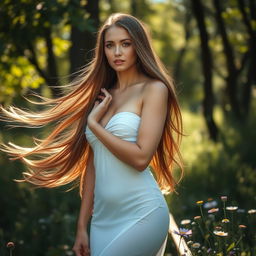 A beautiful woman with long flowing hair, standing gracefully in a serene natural setting, surrounded by soft sunlight filtering through trees