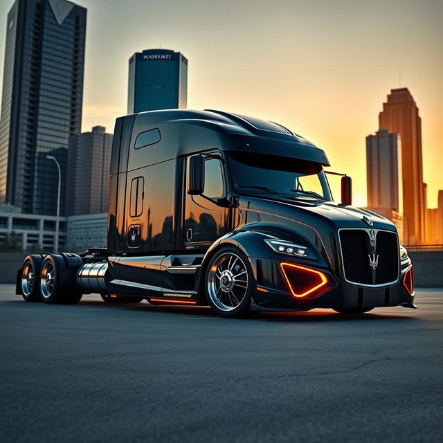 A captivating image featuring custom cutting-edge rims and wheels designed specifically for a Maserati-themed semi-truck