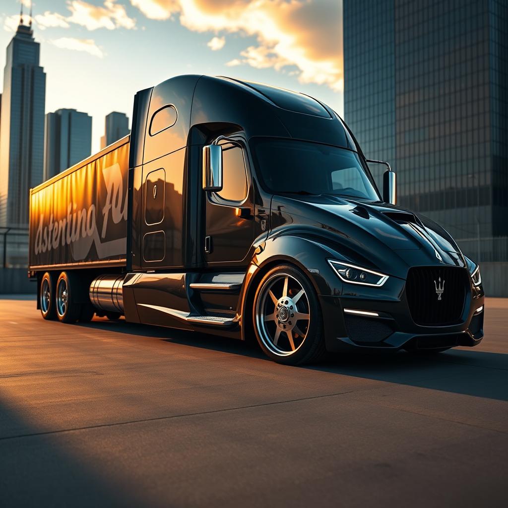 A captivating image featuring custom cutting-edge rims and wheels designed specifically for a Maserati-themed semi-truck