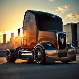 An eye-catching image depicting custom cutting-edge rims and wheels inspired by Maserati, specifically designed for a semi-truck